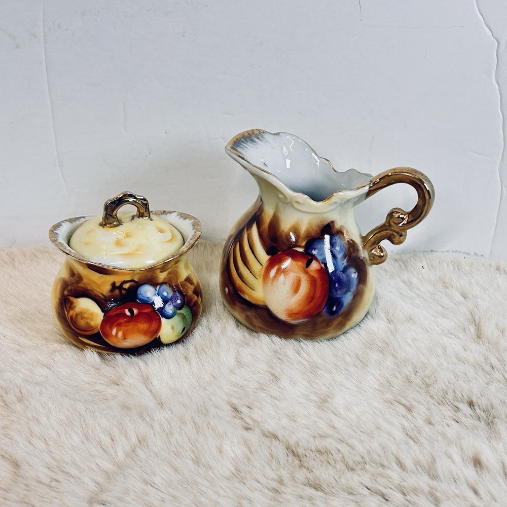 Vintage Enesco Porcelain Mini Sugar Creamer Set Fruit Colorful Gold Accent